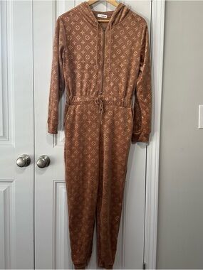 Chestnut Velvet Hooded Logo-Print Jumpsuit
